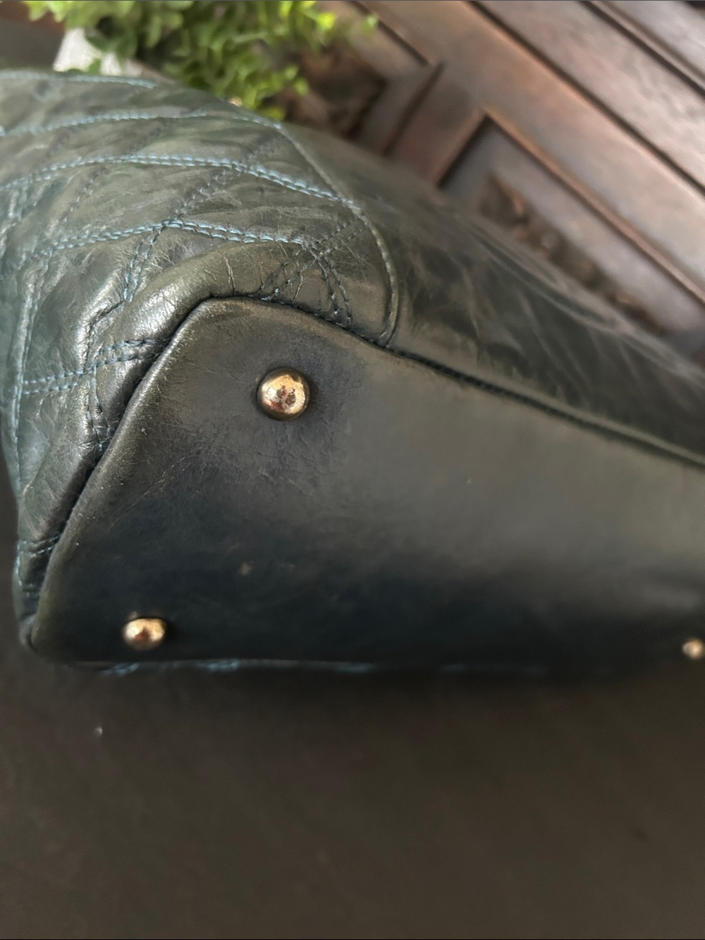 Beautiful Quilted Dark Green Leather Tote with Chain Straps - Picture 9 of 17